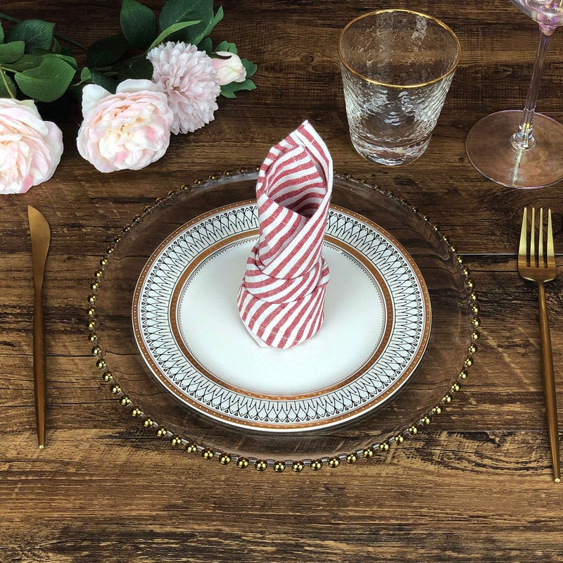 INFEI Plain Striped Cotton Linen Blended Dinner Cloth Napkins - Set of 12 (40 x 30 cm) - for Events & Home Use (Red) - Image 3